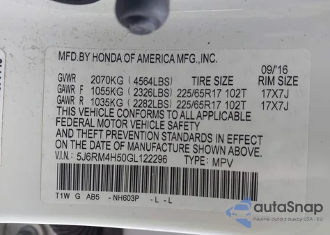 2016 Honda Cr-V Ex z USA, uszkodzony, nr VIN 5J6RM4H50GL122296